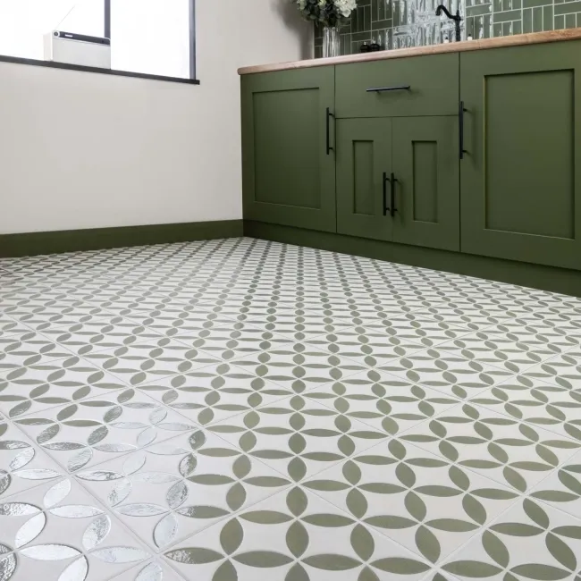 Westminster White and Green Matt Patterned Wall and Floor Tiles