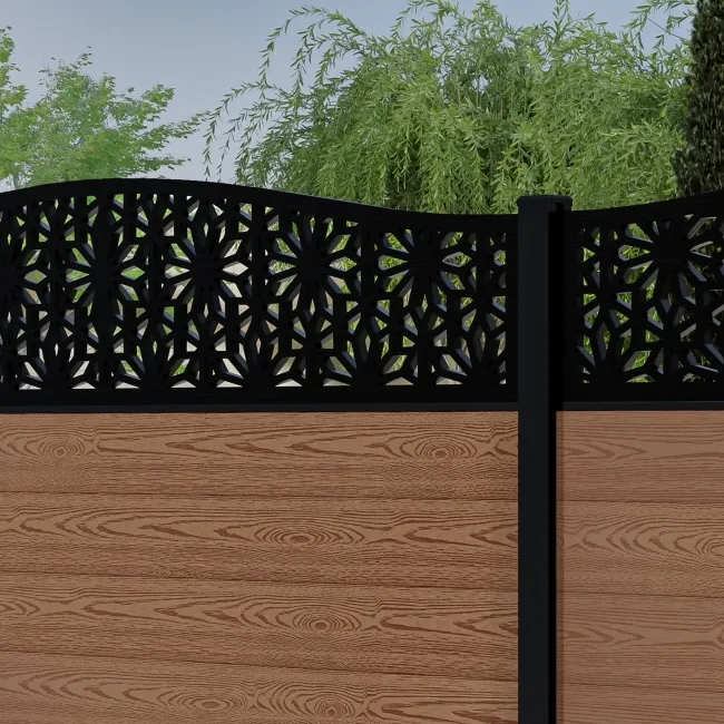 LuxeLine Composite Fence Panel Teak 6ft High - Floral Decorative Screen with Aluminium Post