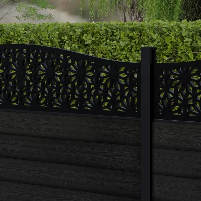 LuxeLine Composite Fence Panel Black 3ft High - Floral Decorative Screen with Aluminium Post