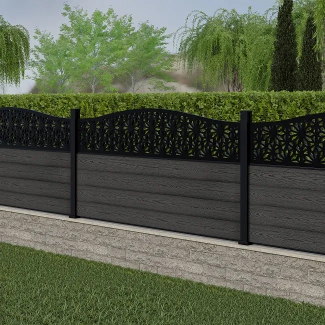 LuxeLine Composite Fence Panel Dark Grey 3ft High - Floral Decorative Screen with Aluminium Post