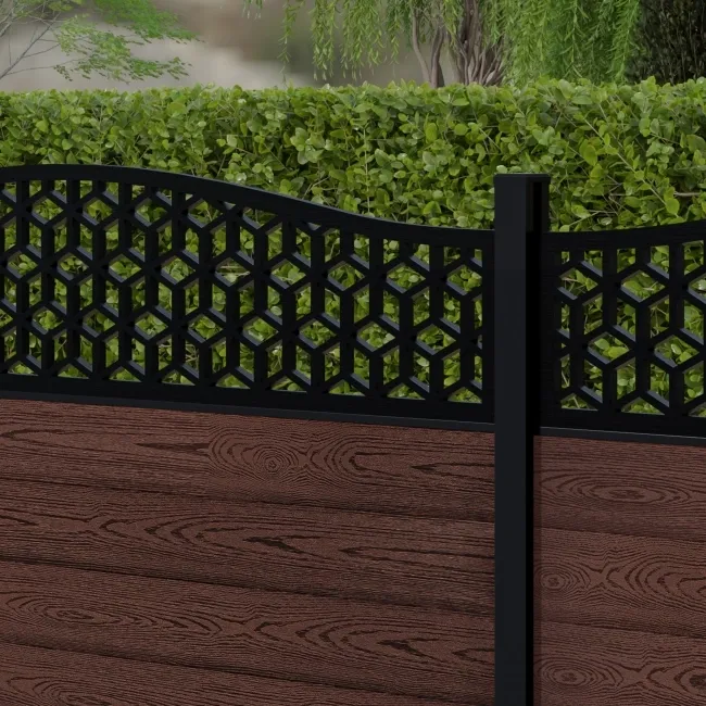 LuxeLine Composite Fence Panel Walnut 3ft High - Geometric Decorative Screen with Aluminium Post