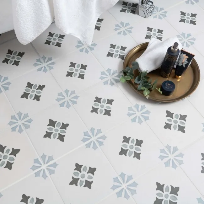 Blossom Bloom Blue Matt Patterned Wall and Floor Tiles