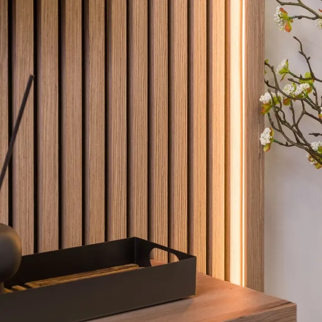 Trepanel® Smoked Oak Wood Acoustic Wall Panel Trims with Lighting Option