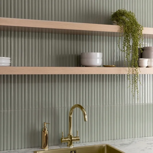 Ribbon Sage Green Ridged Effect Ceramic Gloss Wall Tiles