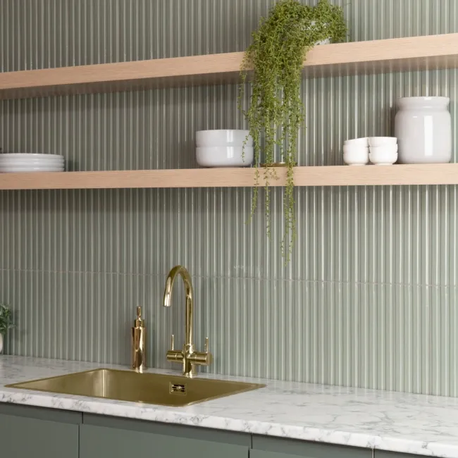 Ribbon Sage Green Ridged Effect Ceramic Gloss Wall Tiles