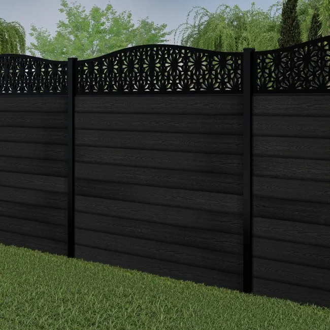 LuxeLine Composite Fence Panel Black 6ft High - Floral Decorative Screen with Buried Aluminium Post