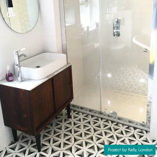 Contour Shadow Black and White Hexagon Patterned Floor Tiles