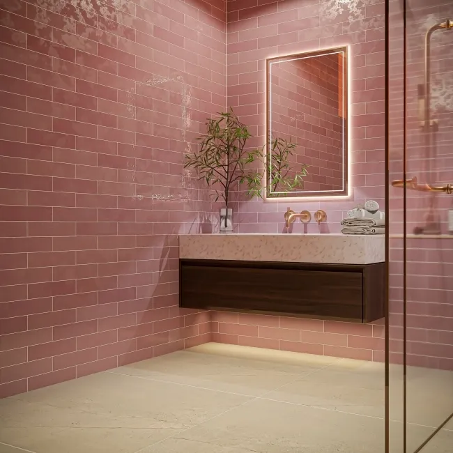 Blush Rose Pink Gloss Brick Wall Tiles 300x75