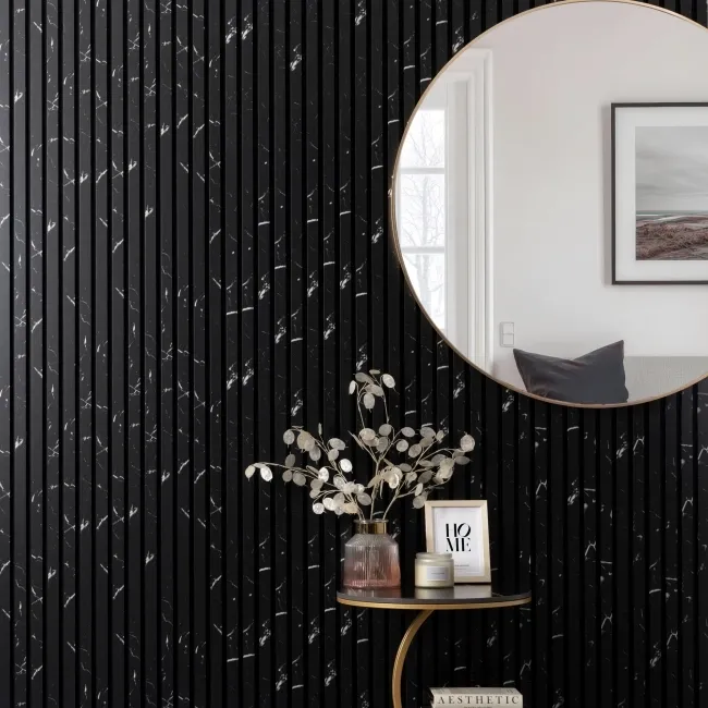 Trepanel Design® Black Marble Effect on Black Felt Acoustic Wood Slat Panels
