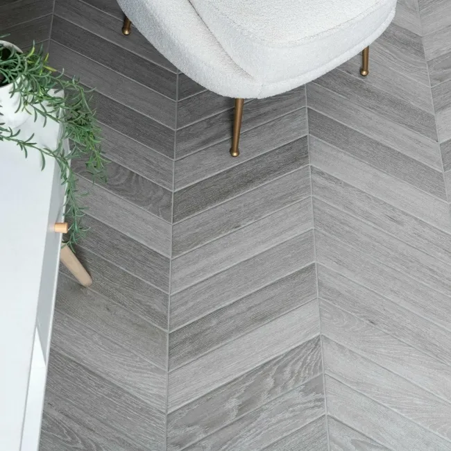 Bonsai Chevron Smoky Grey Wood Effect Porcelain Wall and For Tiles