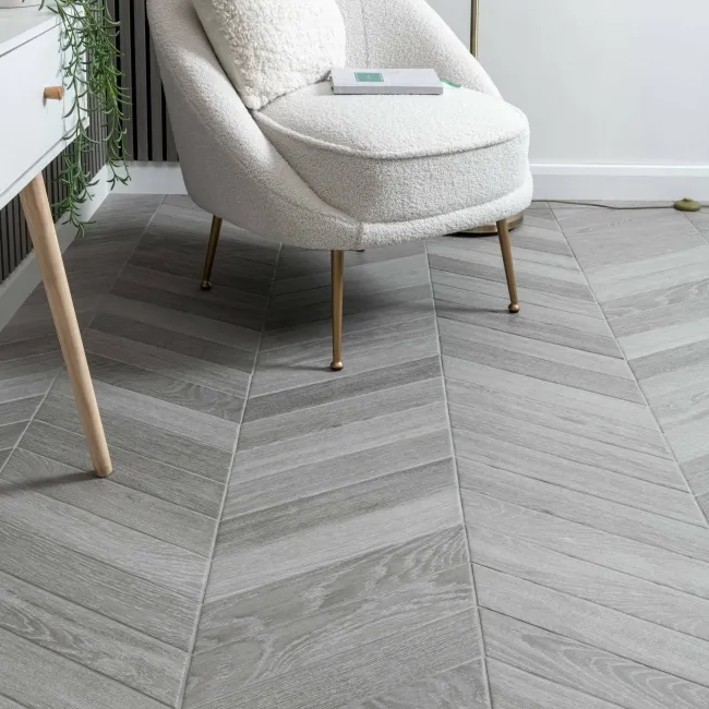 Bonsai Chevron Smoky Grey Wood Effect Porcelain Wall and For Tiles