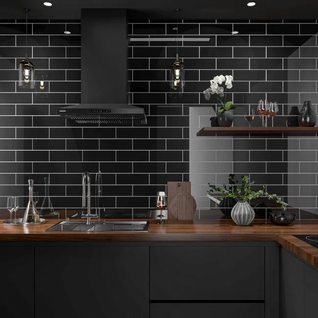 Linear Black Gloss Brick Shape Wall Tiles 300x100