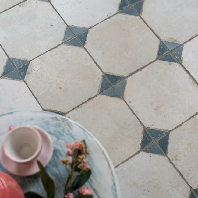 Octagon Effect Marine Blue Matt Vintage Pattern Wall and Floor Tiles