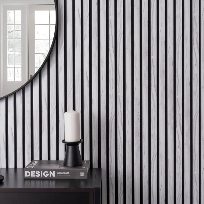Trepanel Design® White Marble Effect on Black Felt Acoustic Wood Slat Panels