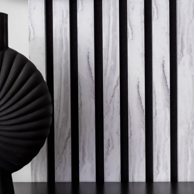 Trepanel Design® White Marble Effect on Black Felt Acoustic Wood Slat Panels