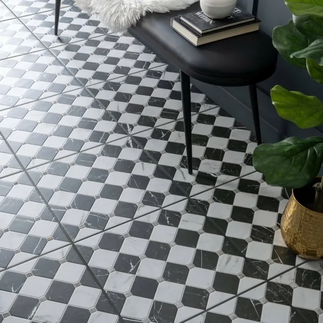 Canterbury Victorian Black & White Matt Marble Patterned Tiles