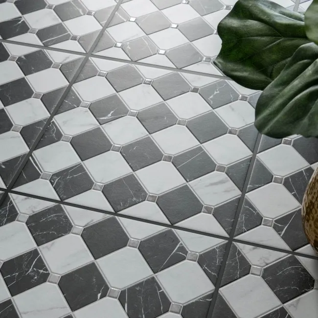Canterbury Victorian Black & White Matt Marble Patterned Tiles