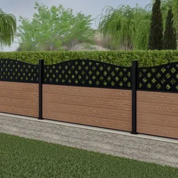 LuxeLine Composite Fence Panel Teak 3ft High - Curve Top Lattice Decorative Screen with Aluminium Post