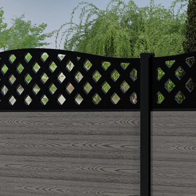 LuxeLine Composite Fence Panel Light Grey 6ft High - Curve Top Lattice Decorative Screen with Buried Aluminium Post