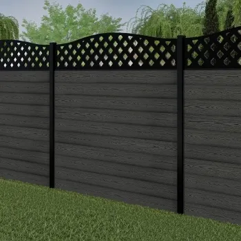 LuxeLine Composite Fence Panel Dark Grey 6ft High - Curve Top Lattice Decorative Screen with Buried Aluminium Post