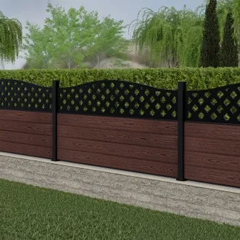 LuxeLine Composite Fence Panel Walnut 3ft High - Curve Top Lattice Decorative Screen with Aluminium Post