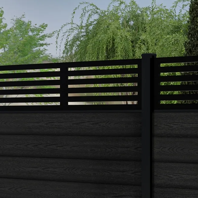 LuxeLine Composite Fence Panel Black 6ft High - Slat Decorative Screen with Buried Aluminium Post