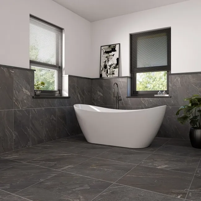 Devoke Dark Grey Matt Stone Effect Wall and Floor Tiles 597x297