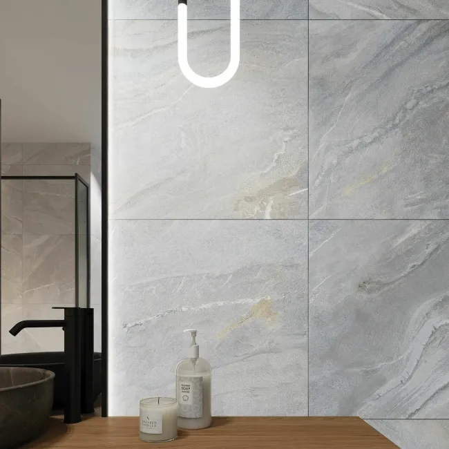 Devoke Light Grey Matt Stone Effect Wall and Floor Tiles 597x597