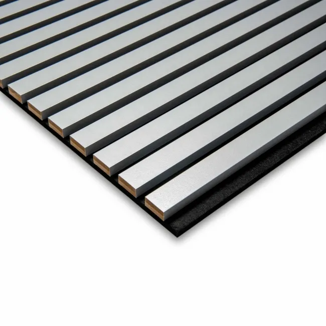 Trepanel Design® Grey Metallic Silver on Black Felt Acoustic Wood Slat Panels