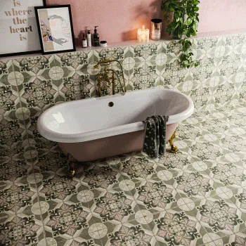 Field Green & Pink Floral Matt Porcelain Wall and Floor Tiles
