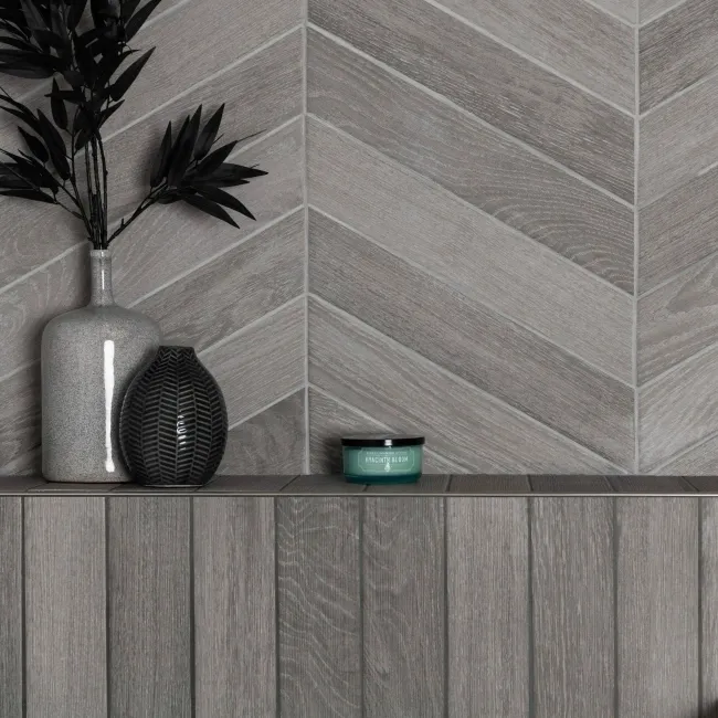 Bonsai Chevron Smoky Grey Wood Effect Porcelain Wall and For Tiles