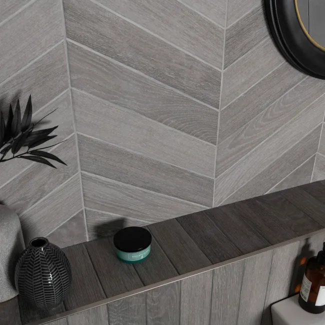 Bonsai Chevron Smoky Grey Wood Effect Porcelain Wall and For Tiles
