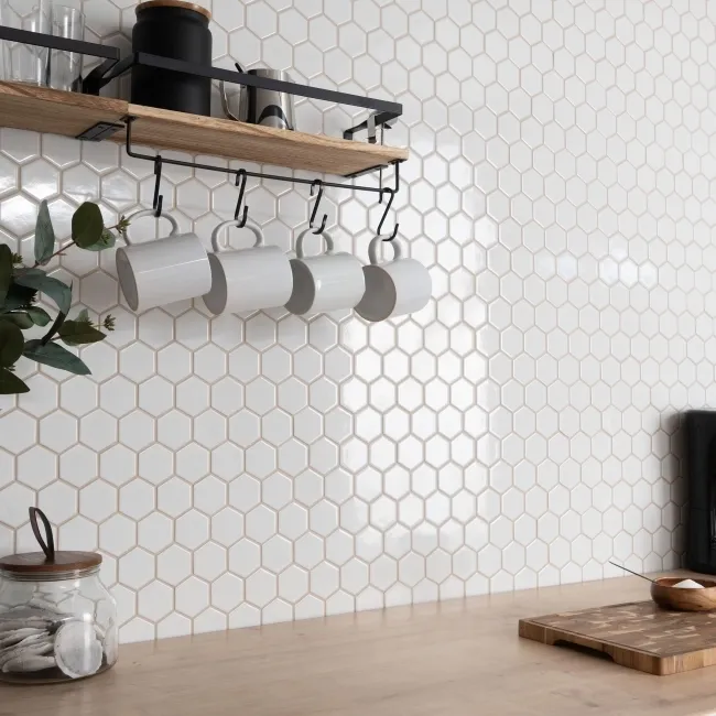 Pixel White 50x50 Hexagon Gloss Mosaic Tiles