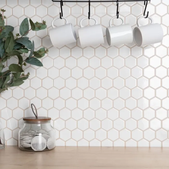 Pixel White 50x50 Hexagon Gloss Mosaic Tiles