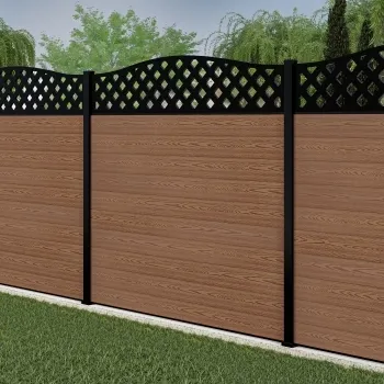 LuxeLine Composite Fence Panel Teak 6ft High - Curve Top Lattice Decorative Screen with Aluminium Post