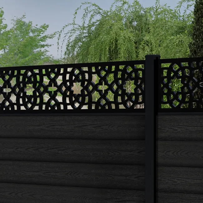 LuxeLine Composite Fence Panel Black 6ft High - Moroccan Decorative Screen with Buried Aluminium Post