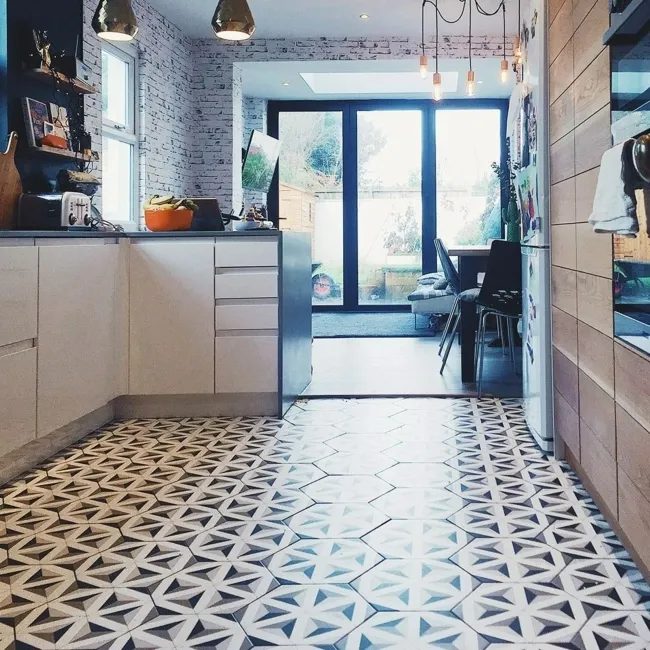 Contour Shadow Black and White Hexagon Patterned Floor Tiles