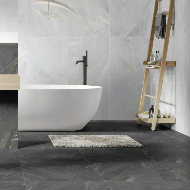 Devoke Dark Grey Matt Stone Effect Wall and Floor Tiles 597x597