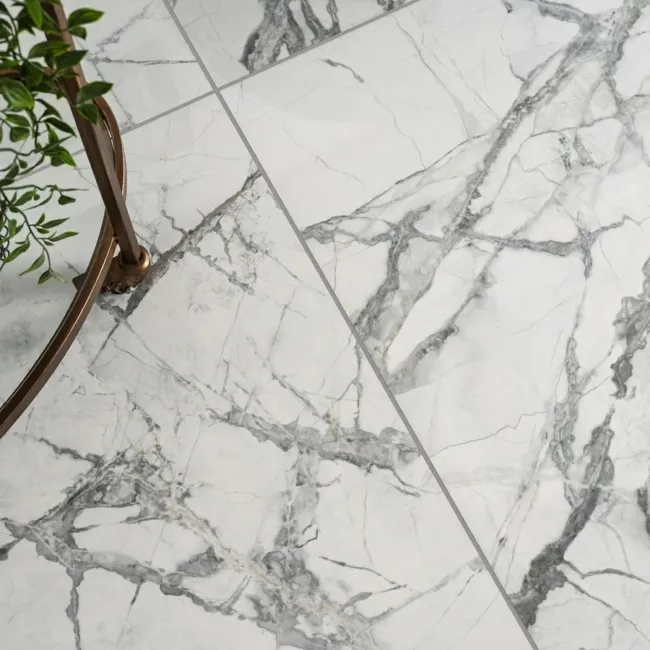 Olympia White Porcelain Marble Effect Polished Wall and Floor Tiles