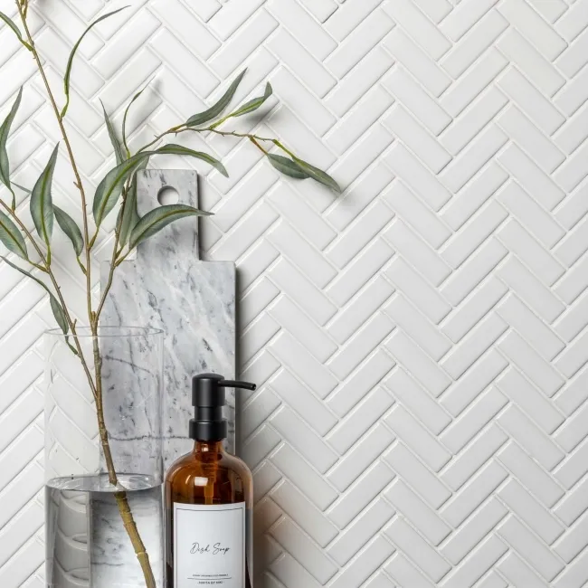 Pixel White Herringbone Matt 22x73 Mosaic Tiles