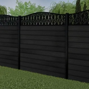 LuxeLine Composite Fence Panel Black 6ft High - Floral Decorative Screen with Buried Aluminium Post