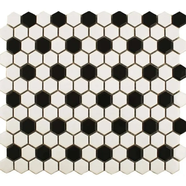 Pixel Chequer Hexagon White & Black Matt Mosaic Tiles