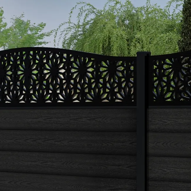 LuxeLine Composite Fence Panel Black 6ft High - Floral Decorative Screen with Aluminium Post