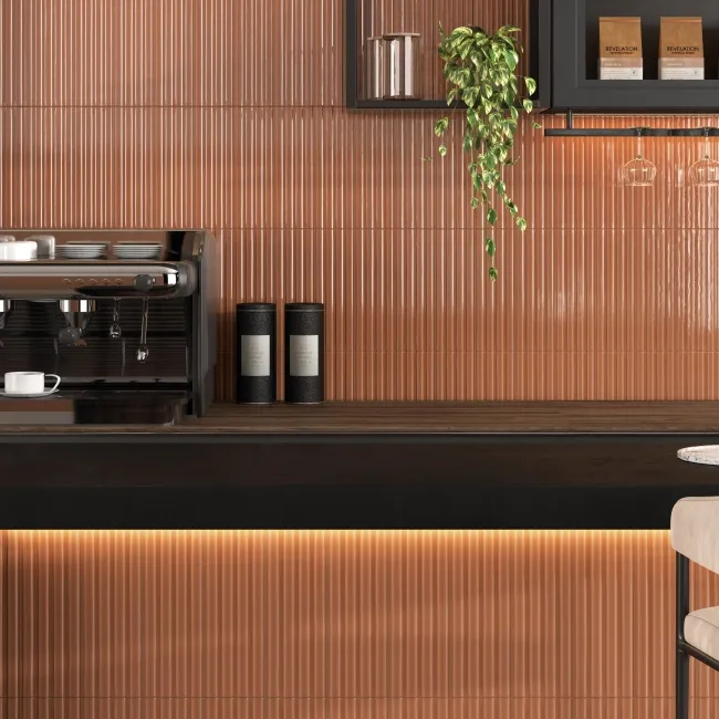 Ribbon Light Terracotta Orange Ridged Effect Ceramic Gloss Wall Tiles