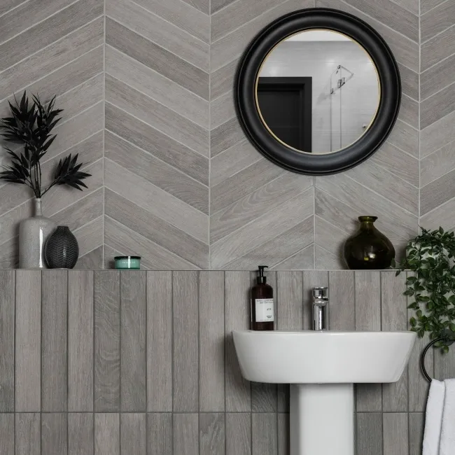 Bonsai Chevron Smoky Grey Wood Effect Porcelain Wall and For Tiles