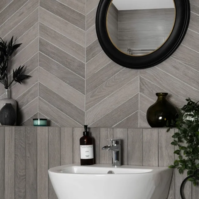 Bonsai Chevron Smoky Grey Wood Effect Porcelain Wall and For Tiles