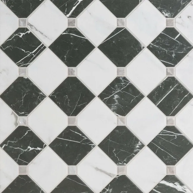Canterbury Victorian Black & White Matt Marble Patterned Tiles