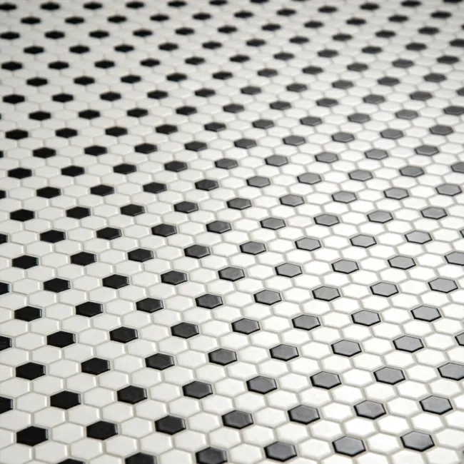 Pixel Chequer Hexagon White & Black Matt Mosaic Tiles