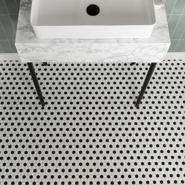Pixel Chequer Hexagon White & Black Matt Mosaic Tiles