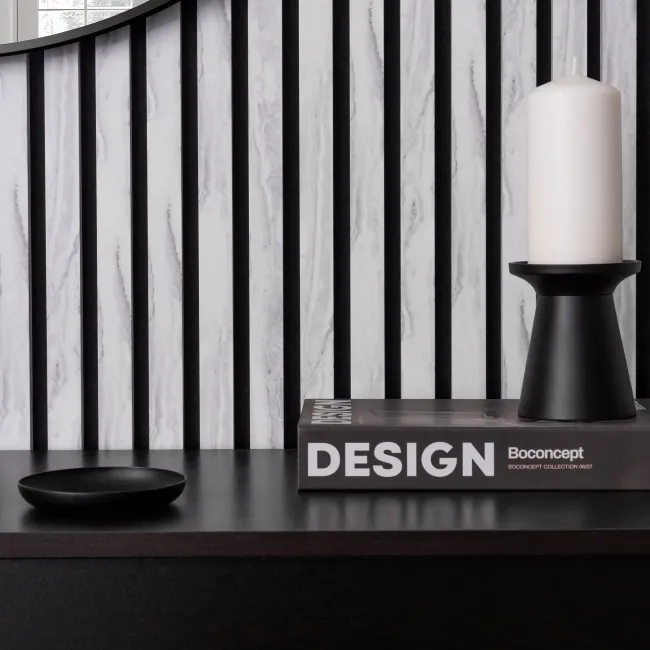 Trepanel Design® White Marble Effect on Black Felt Acoustic Wood Slat Panels